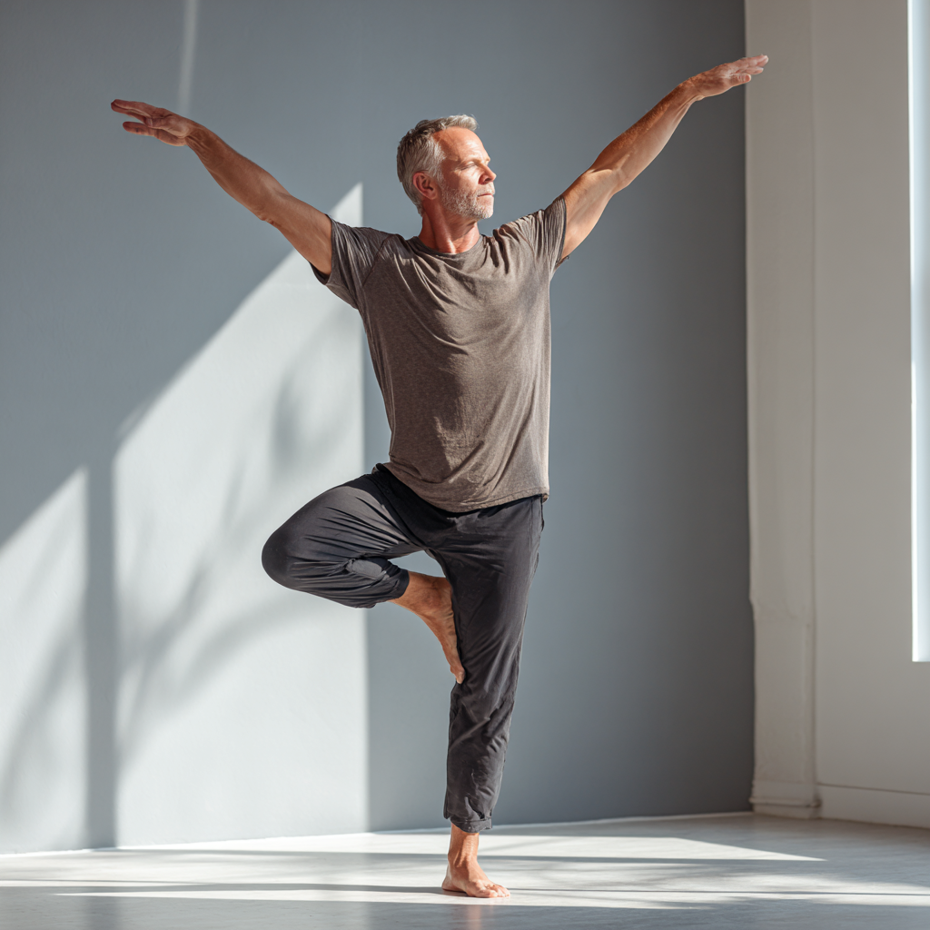 Middle-aged adult performing balanced stretching exercise in natural light studio