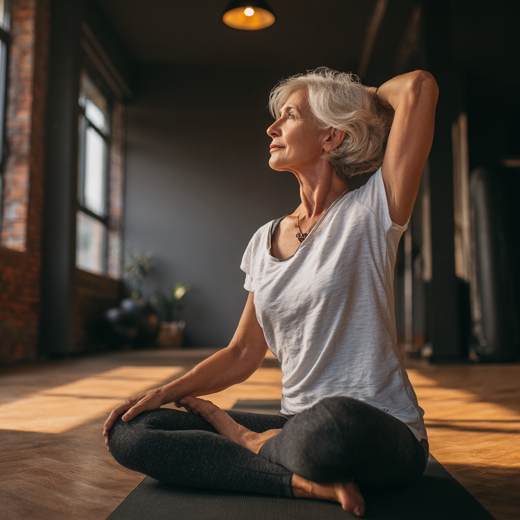 Older adult engaging in mindful stretching routine with focus on body alignment